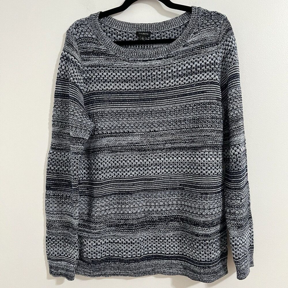 Talbots Sweater Womens L Navy Blue Striped Textured Knit Pullover Classic Top